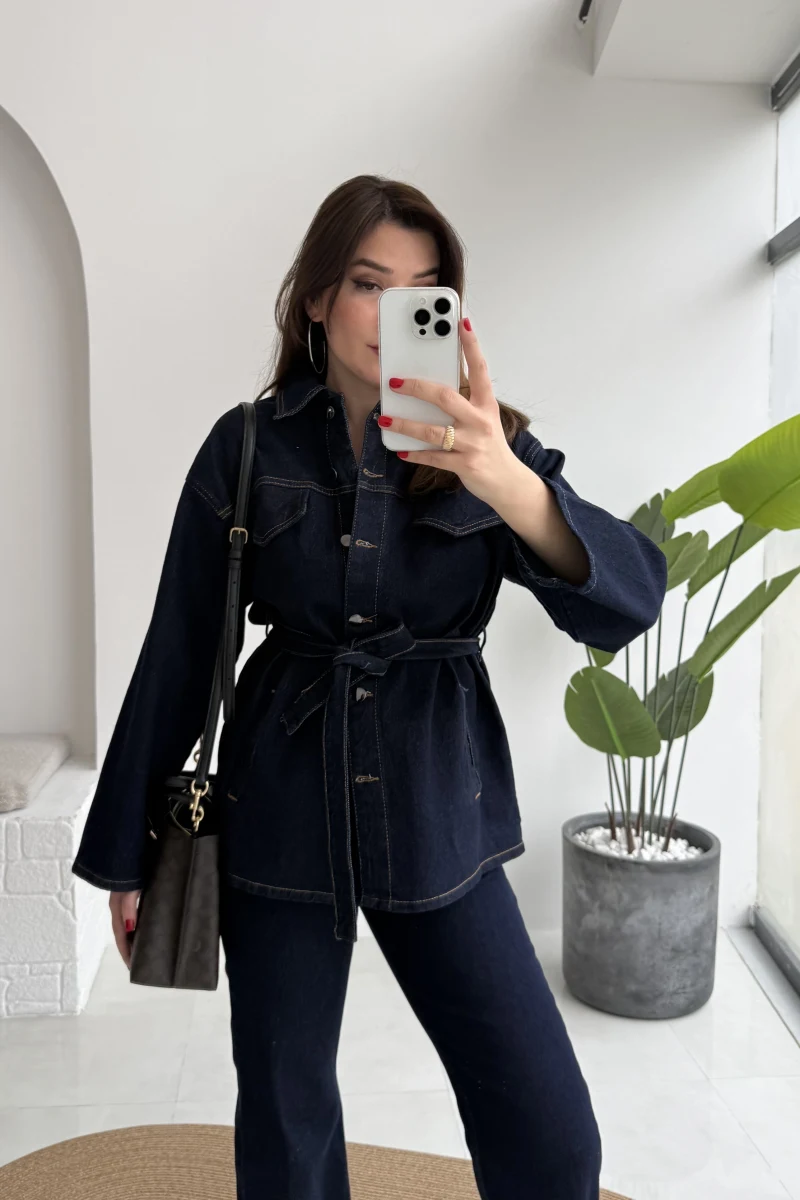 Rusty Lacivert Kuşaklı Denim Takım