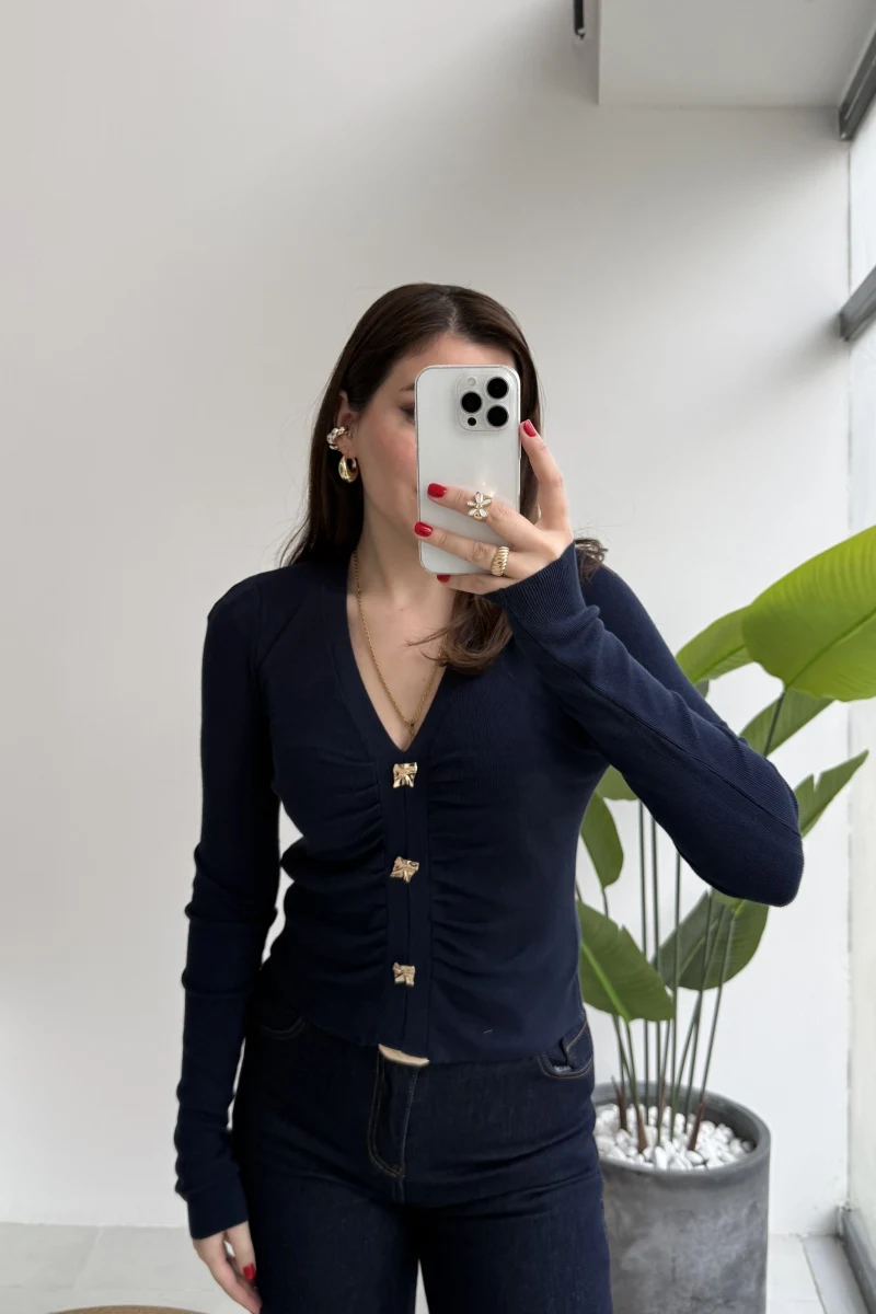 Addison V Yaka Düğme Detay Triko Kazak - Lacivert - Kod: 10805