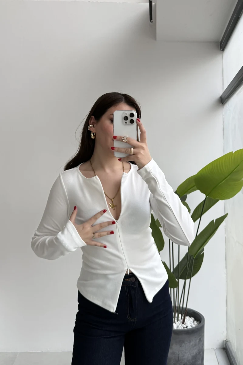 Granny Fermuar Detaylı Uzun Kollu Bluz - Ekru - Kod: 31993