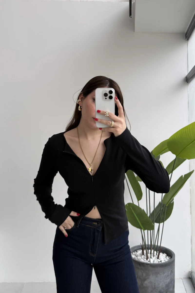 Granny Fermuar Detaylı Uzun Kollu Bluz - Siyah - Kod: 31993