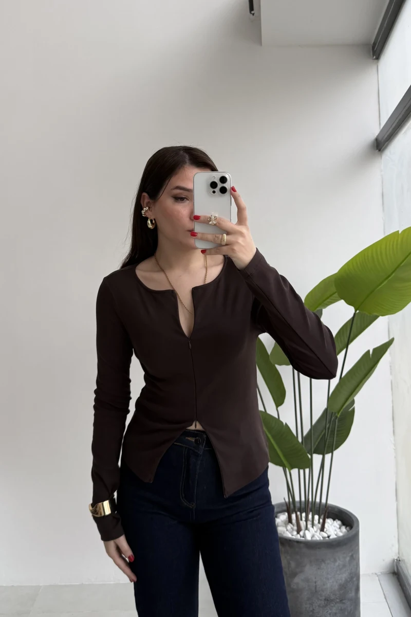 Granny Fermuar Detaylı Uzun Kollu Bluz - Koyu Kahve - Kod: 31993