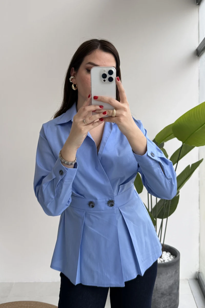 Coquette Pile Detay Düğmeli Gömlek - Mavi - Kod: 5426