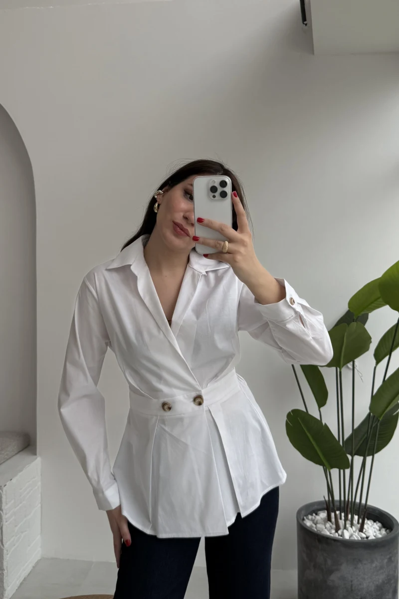 Coquette Pile Detay Düğmeli Kısa Bluz - Beyaz - Kod: 5426