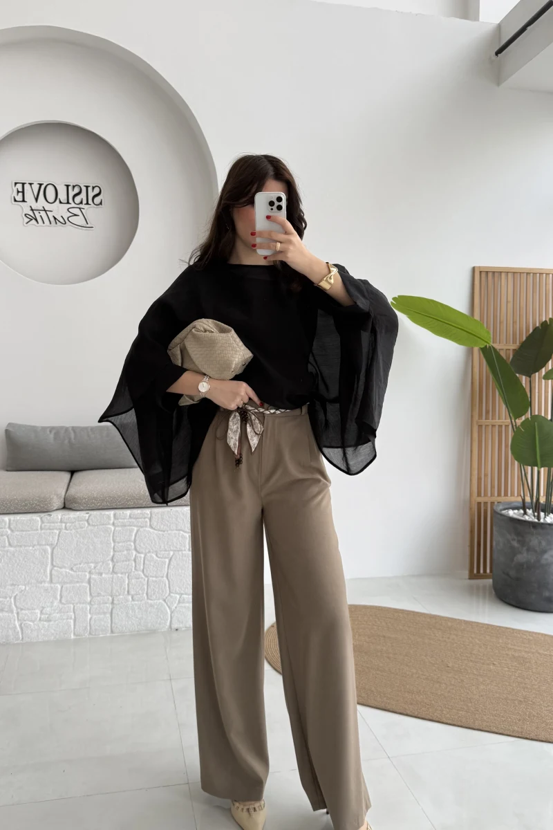 Kirsten Fular Kemerli Palazzo Pantolon - Haki - Kod: 3860