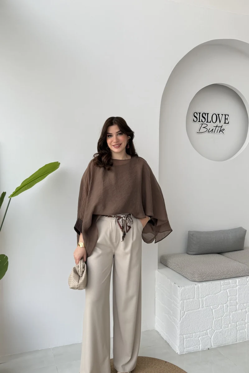 Kirsten Fular Kemerli Palazzo Pantolon - Taş - Kod: 3860