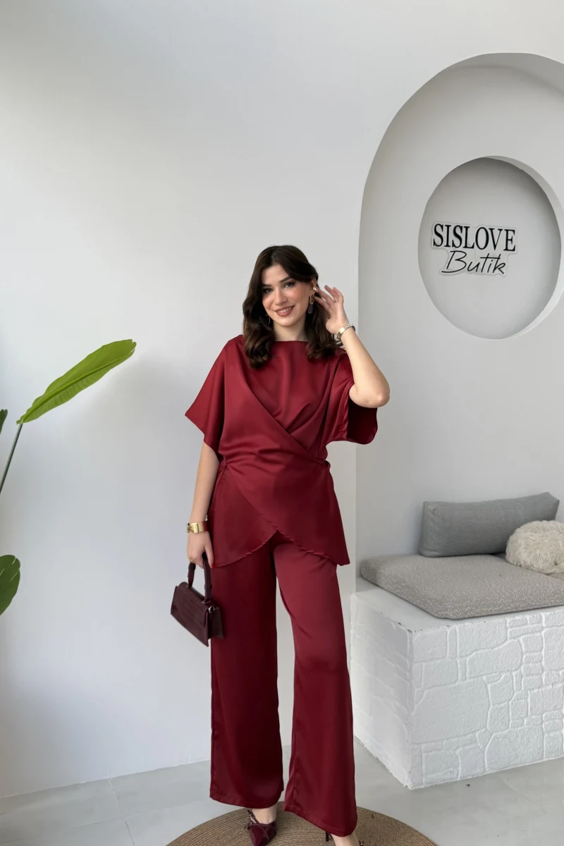 Elodia Kısa Kol Bağlamalı Saten Takım - Bordo