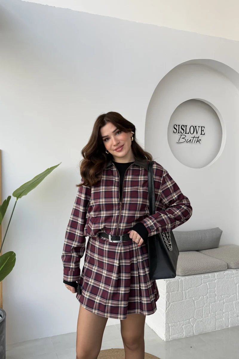Bomber Zenaıs Ekose Desenli Pileli Şort Etek-Ceket Takım - Bordo