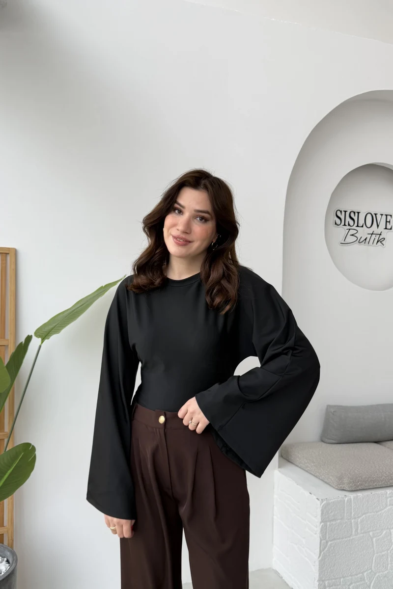 Marıs Yarasa Kol Crop Bluz - Siyah - Kod: 9128