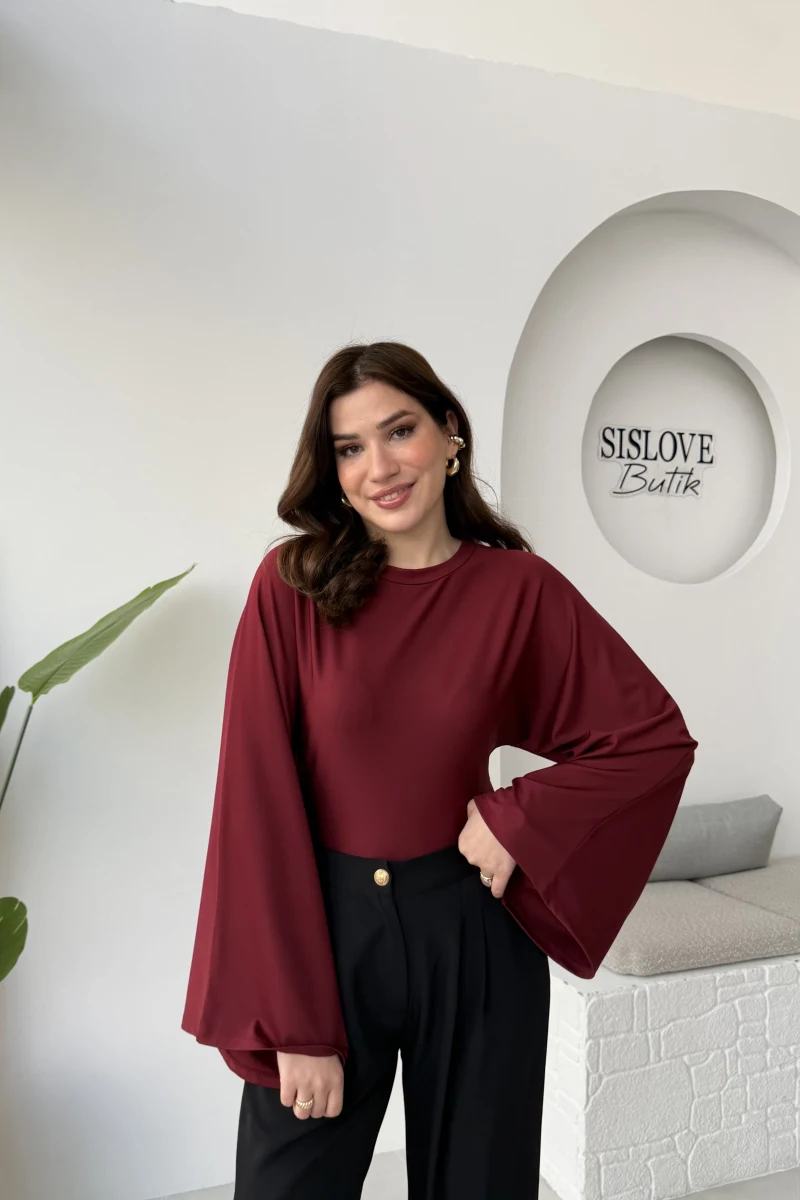 Marıs Yarasa Kol Crop Bluz - Bordo - Kod: 9128