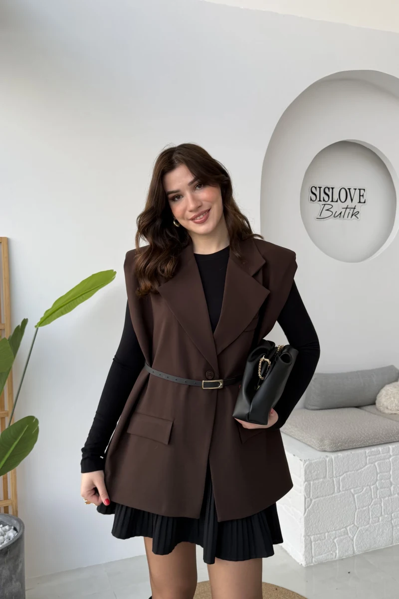 Floria Vatkalı Kemerli Yelek - Kahverengi - Kod: 7449