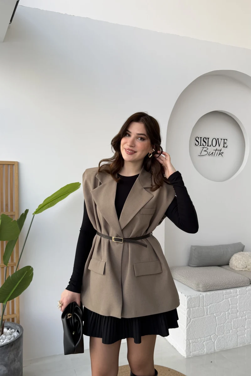 Floria Vatkalı Kemerli Yelek - Haki - Kod: 7449