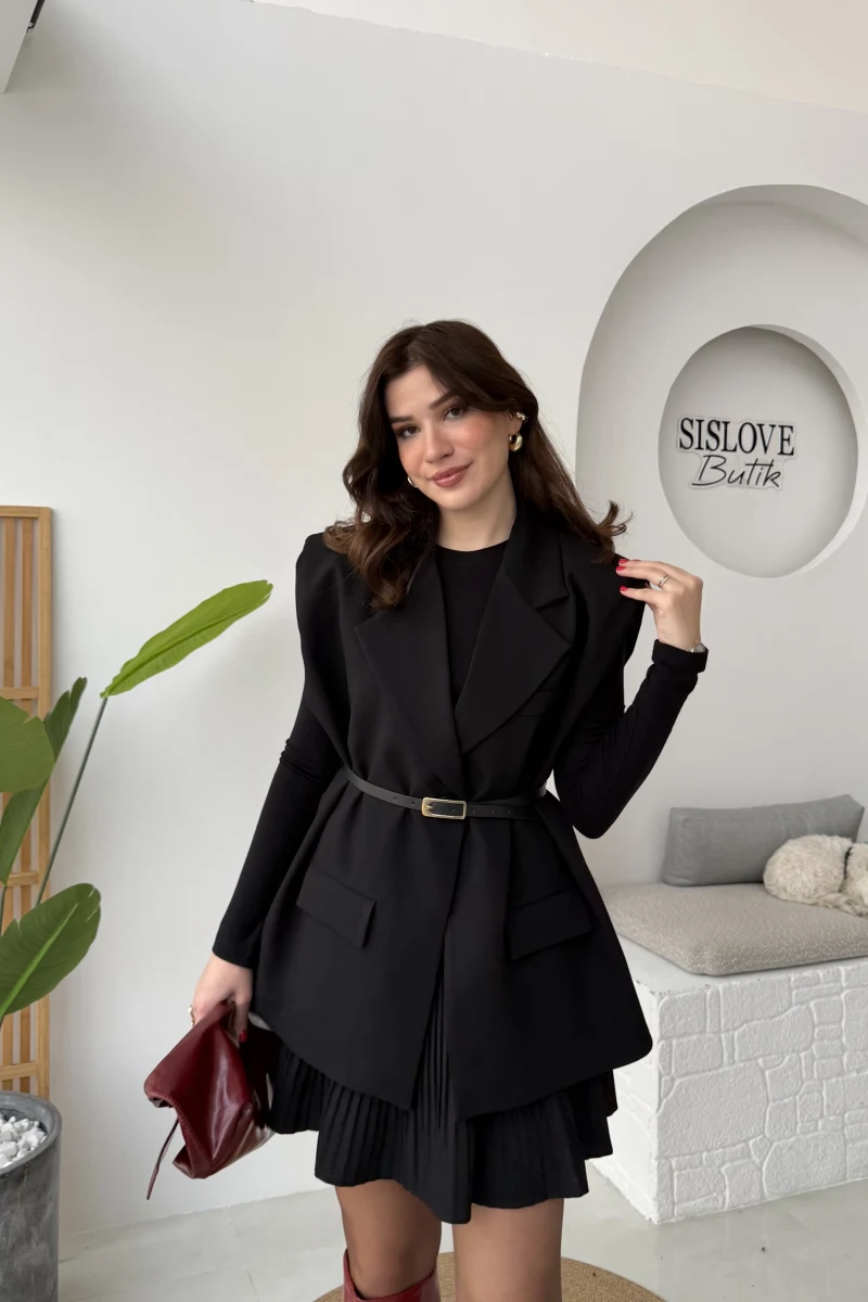 Floria Vatkalı Kemerli Yelek - Siyah - Kod: 7449