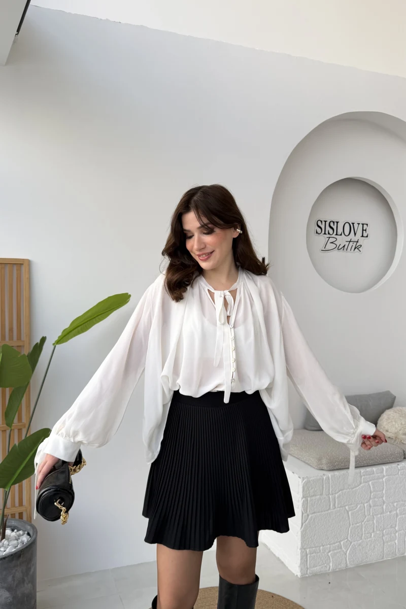 Georgia Bağlama Detaylı Dökümlü Gömlek - Beyaz - Kod: 4988