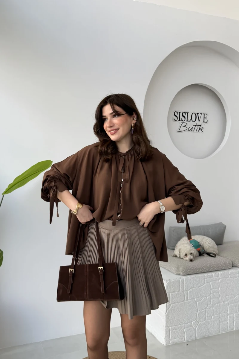 Georgia Bağlama Detaylı Dökümlü Gömlek - Acı Kahve - Kod: 4988