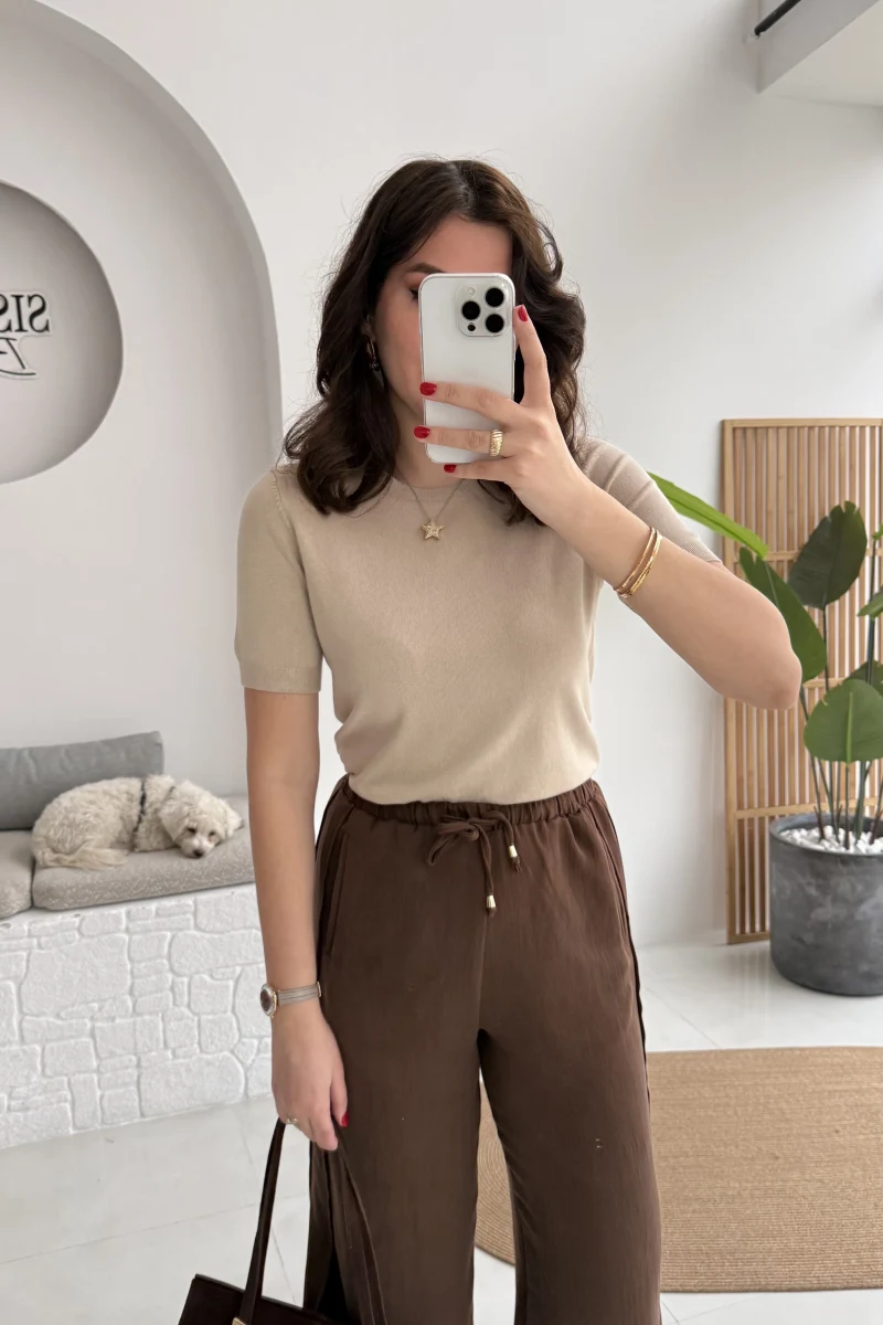 Dilvin Bisiklet Yaka Kısa Kol Triko Bluz - Açık Bej - Kod: 10779