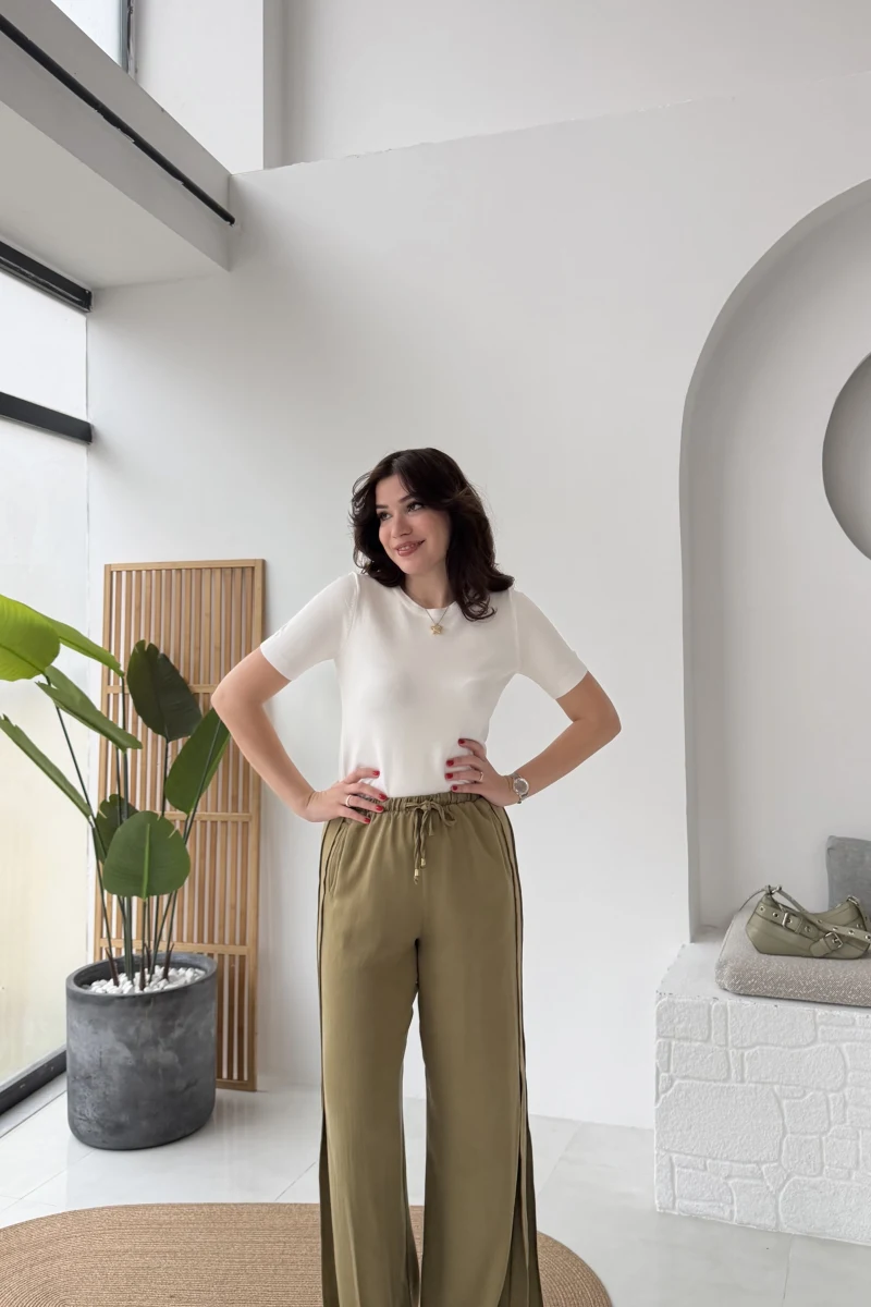 Best Beli Lastikli Paça Detaylı Pantolon - Haki - Kod: 51283