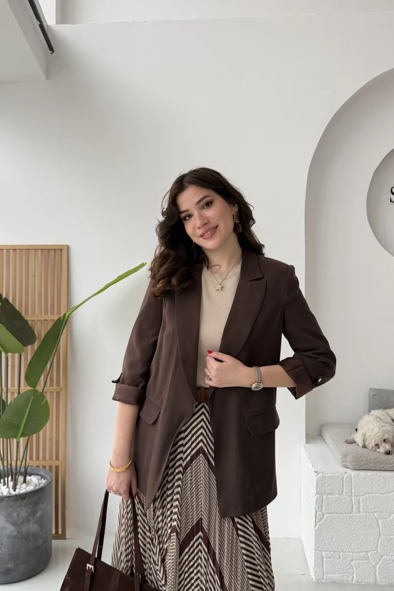 Kol Detay Blazer Ceket - Kahverengi - Kod: 7040