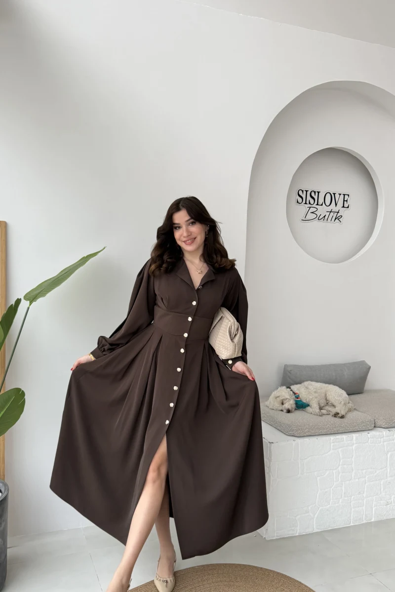 Naples Balon Kol Bel Detay Düğmeli Elbise - Acı Kahve - Kod: 2337