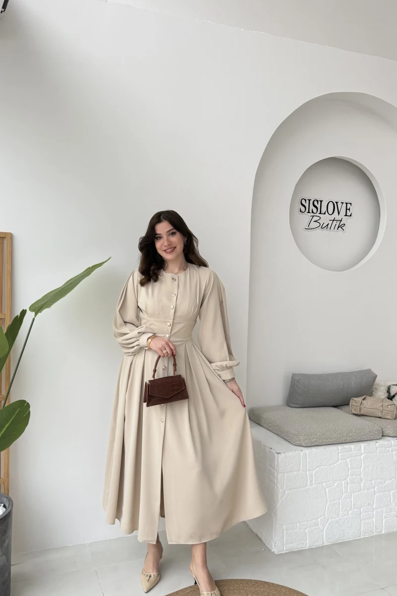 Naples Balon Kol Bel Detay Düğmeli Elbise - Taş - Kod: 2337