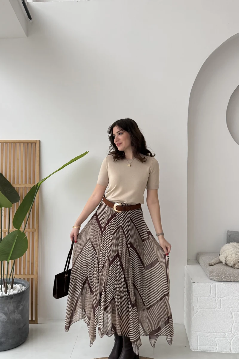 Diana Çizgili Asimetrik Kesim Şifon Etek - Kahverengi - Kod: 3373
