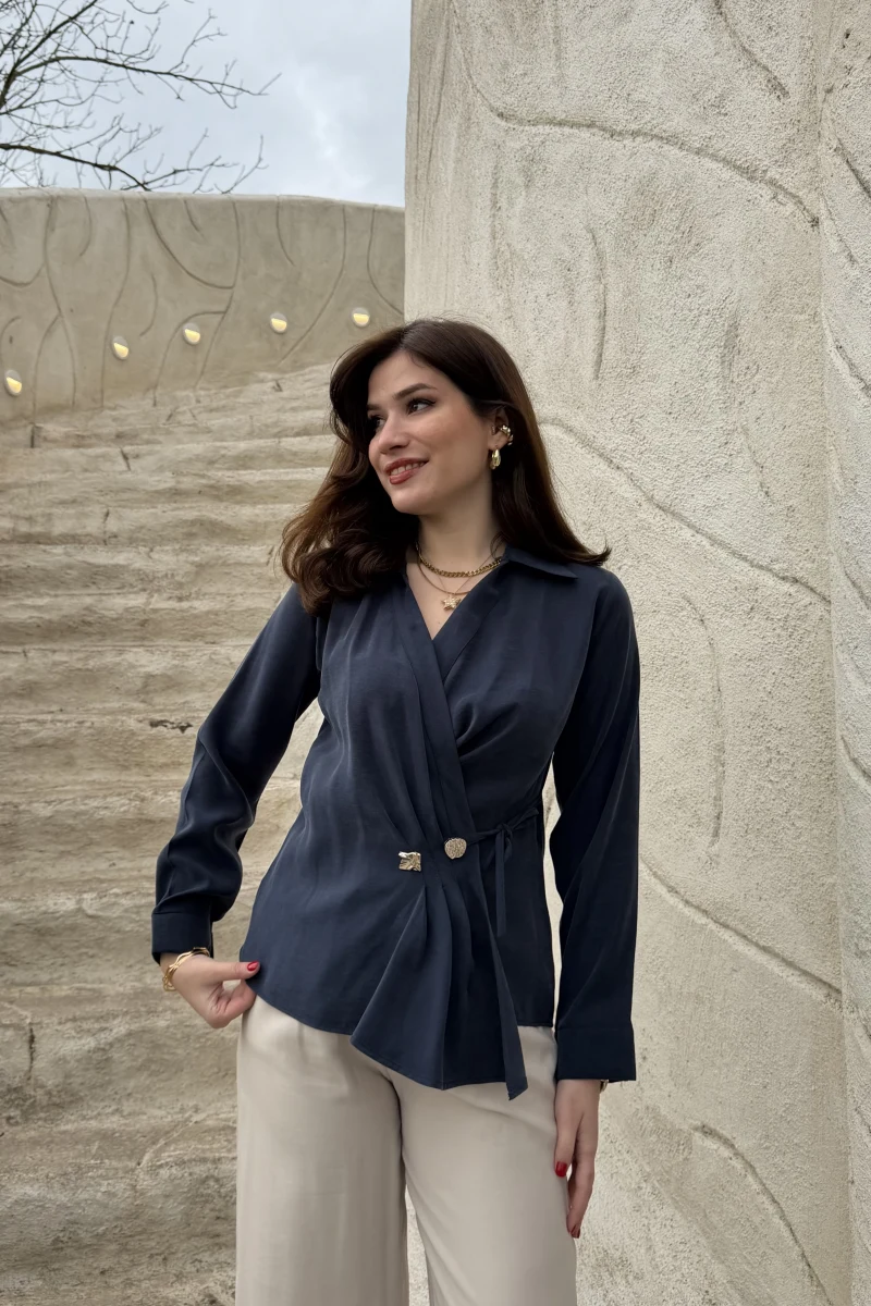 Aksesuar Detay Kimono Gömlek - Lacivert - Kod: 2203