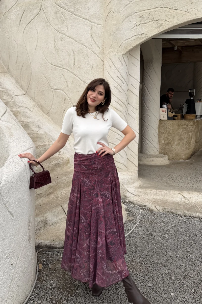 Beli Büzgülü Desenli Şifon Etek - Bordo - Kod: 0925