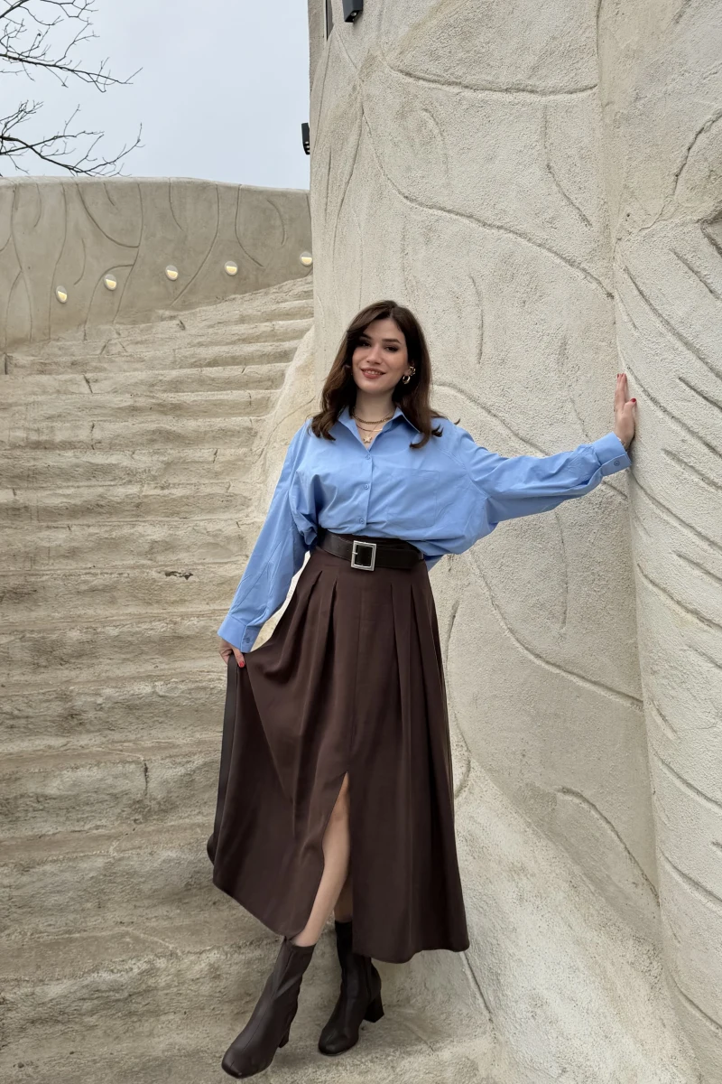 Bitter Kemerli Pileli Yırtmaç Detay Midi Boy Etek - Acı Kahve - Kod: 5043