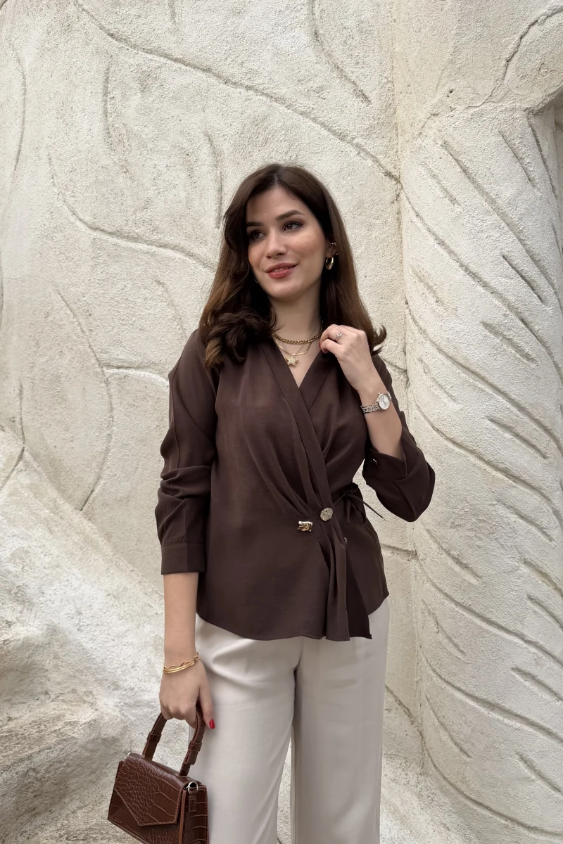 Aksesuar Detay Kimono Gömlek - Acı Kahve - Kod: 2203