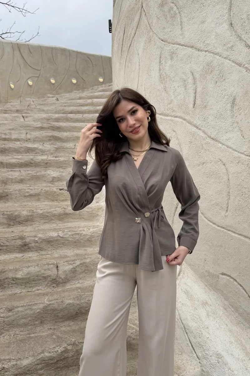 Aksesuar Detay Kimono Gömlek - Haki - Kod: 2203