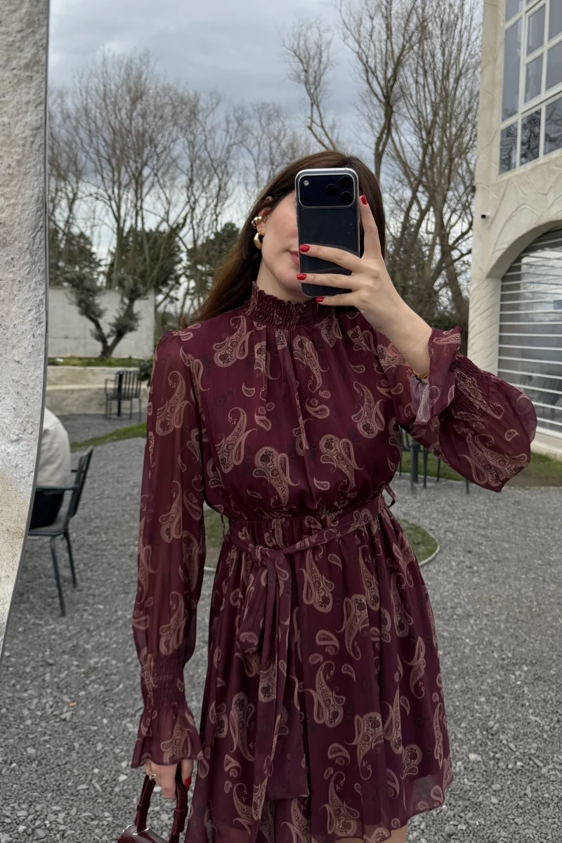 Eliora Kuşaklı Gipeli Desenli Şifon Elbise - Bordo - Kod: 0933