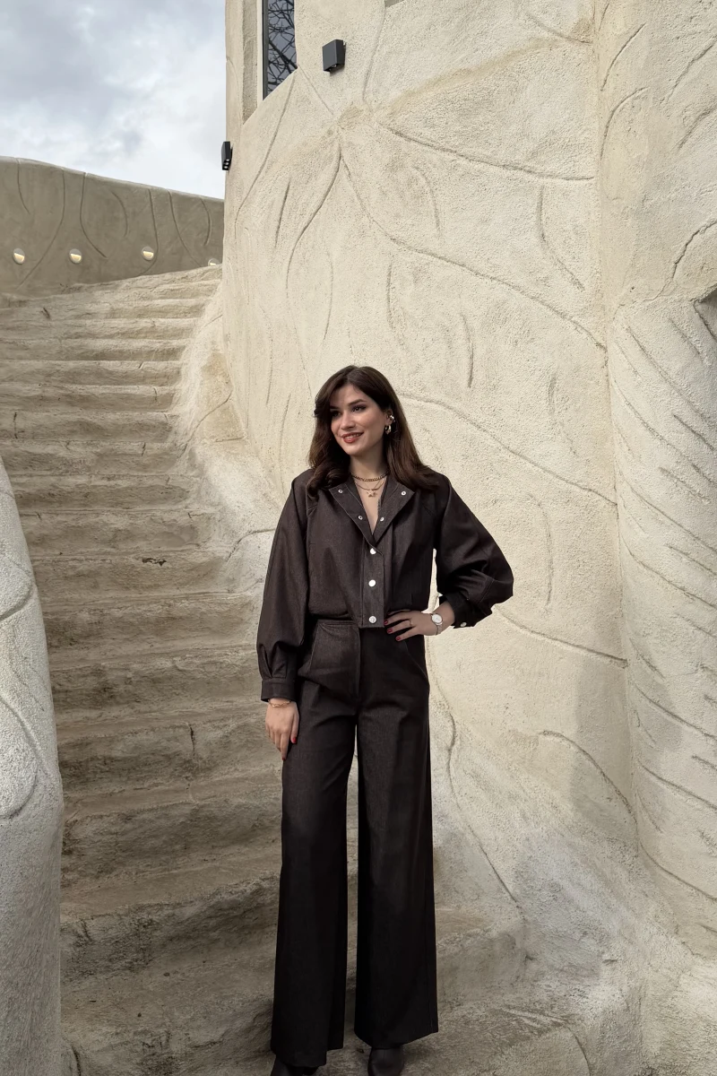 Lena Denim Bomber Ceket Pantolon Takım - Acı Kahve - Kod: 8939