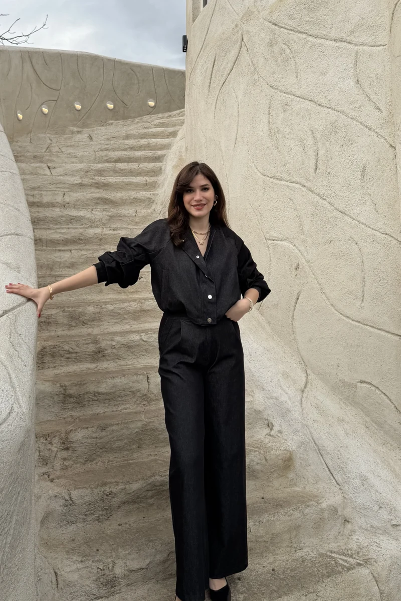 Lena Denim Bomber Ceket Pantolon Takım - Siyah - Kod: 8939