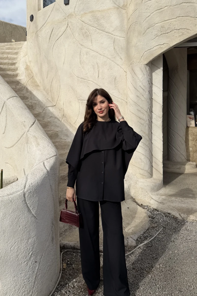 Anastasia Pelerin Detay Gömlek Takım - Siyah - Kod: 8851