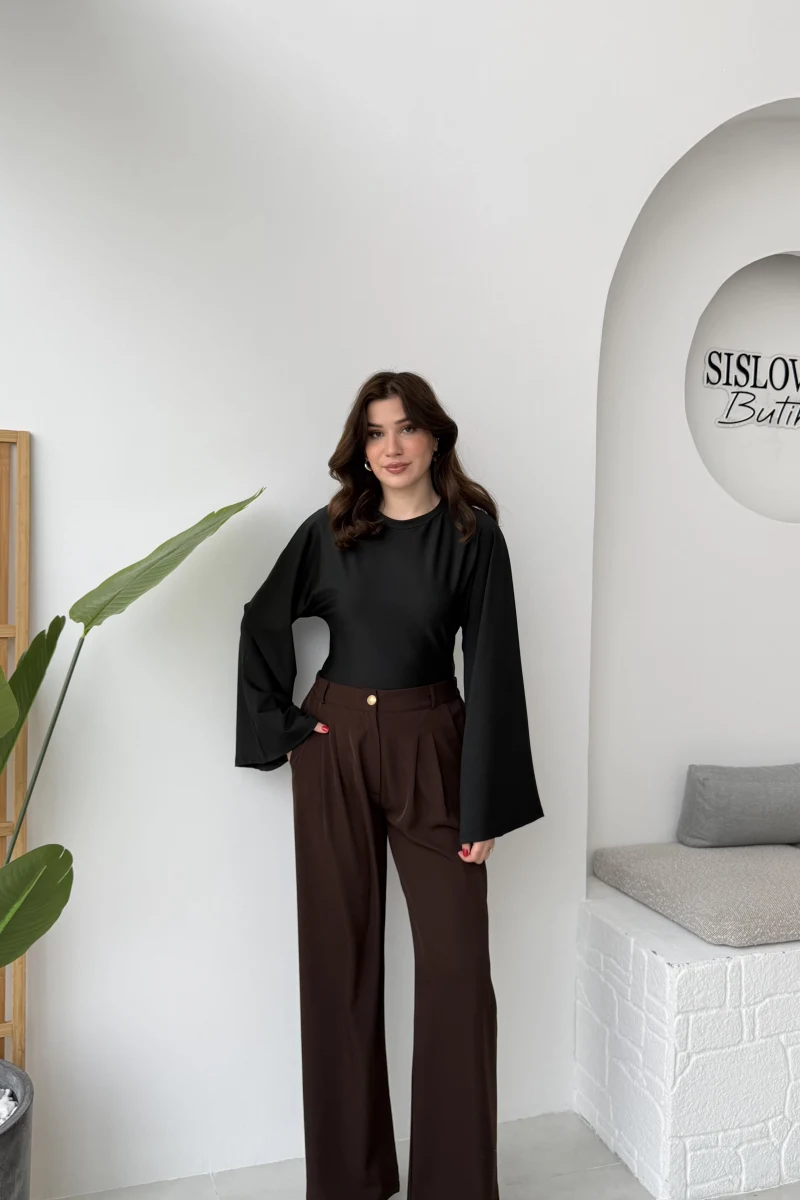 Murph Dökümlü Palazzo Kumaş Pantolon - Acı Kahve - Kod: 26402