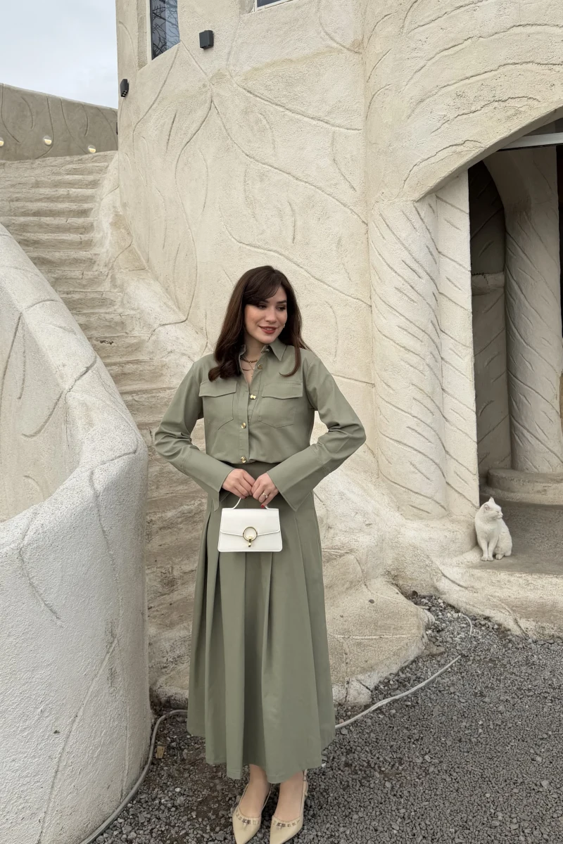 Loretta Pileli Etek Gömlek Takım - Mint - Kod: 266004