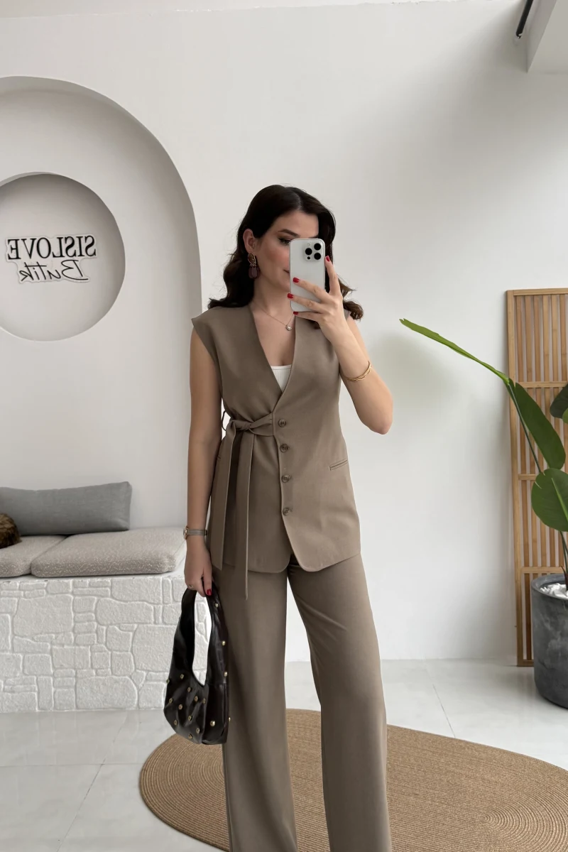 Verona Kuşaklı Yelek Takım - Haki - Kod: 8859