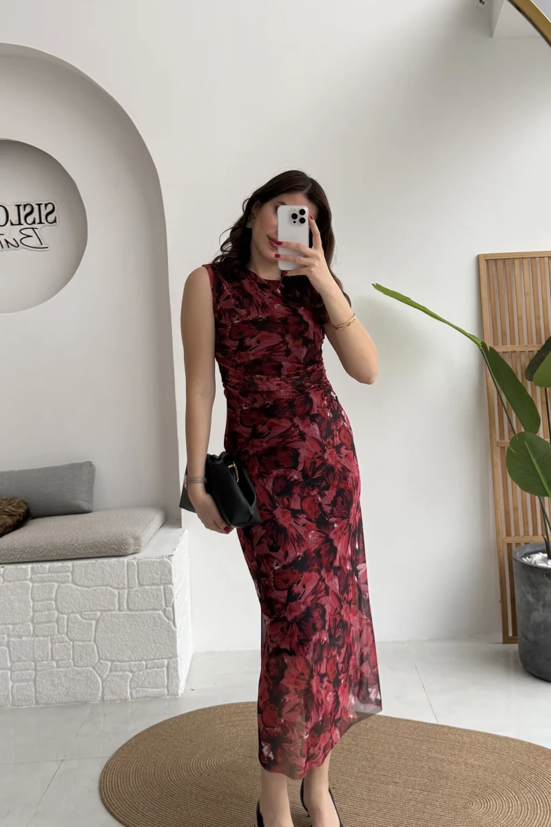 Drew Desenli Beli Büzgülü Sıfır Kol Tül Elbise - Bordo - Kod: 0900