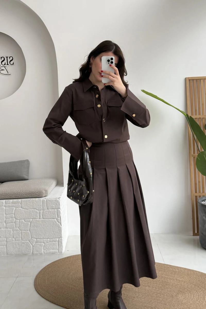 Loretta Pileli Etek Gömlek Takım - Acı Kahve - Kod: 266004