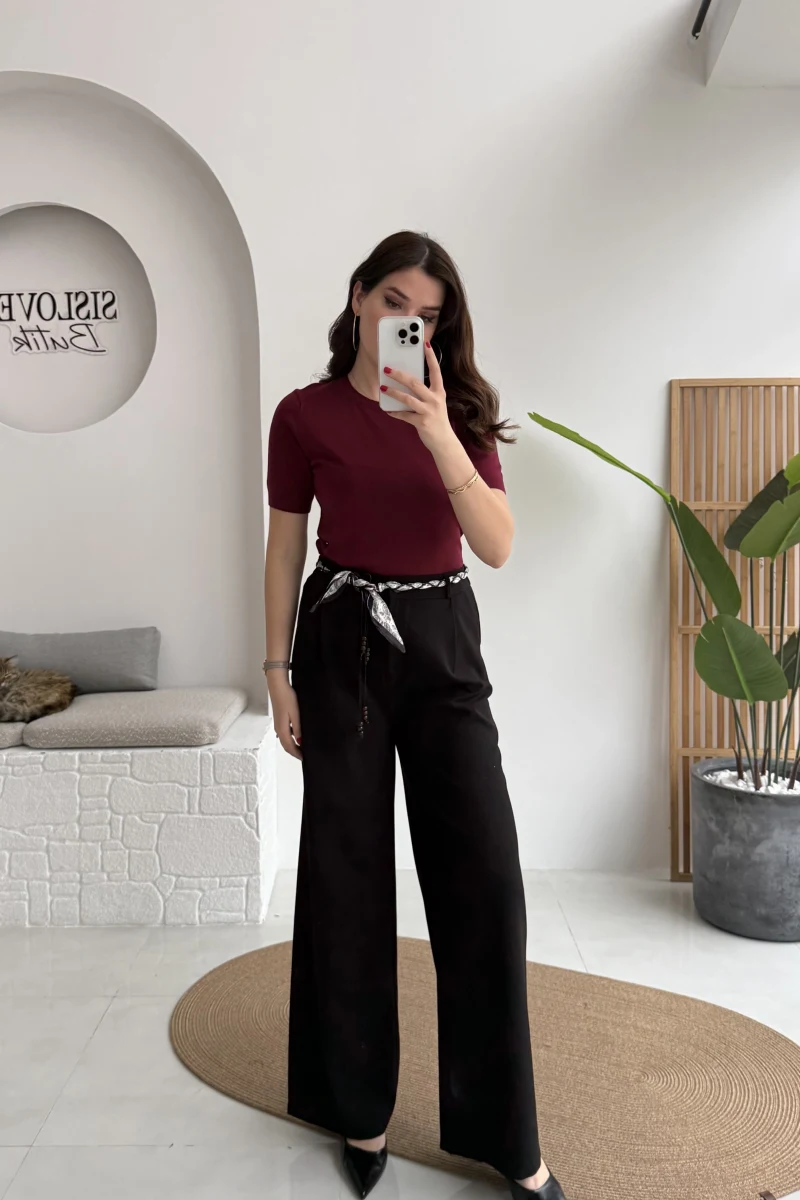 Kirsten Fular Kemerli Palazzo Pantolon - Siyah - Kod: 3860