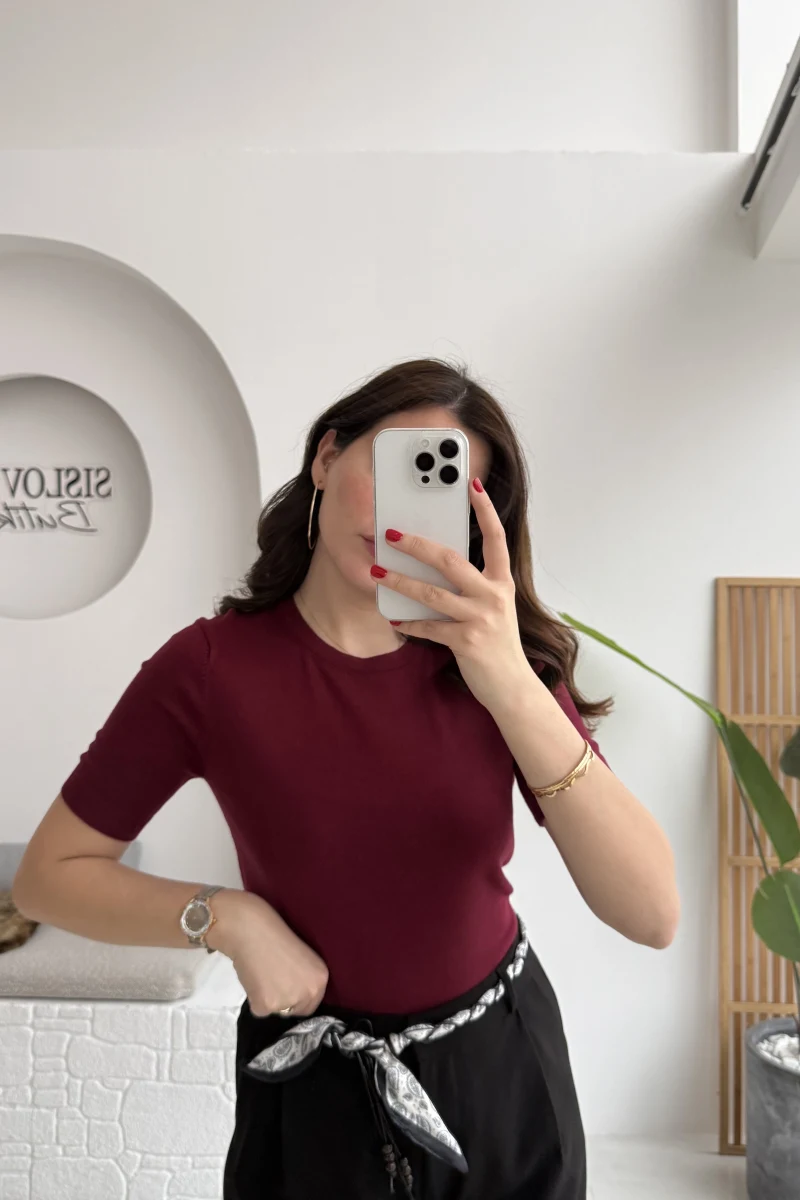 Dilvin Bisiklet Yaka Kısa Kol Triko Bluz - Bordo - Kod: 10779