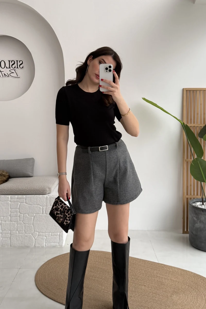 Kemerli Kaşe Şort - Antrasit - Kod: 312118