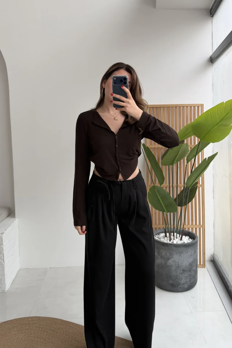 Gül Detay Bağcıklı Pantolon - Siyah - Kod: 3902