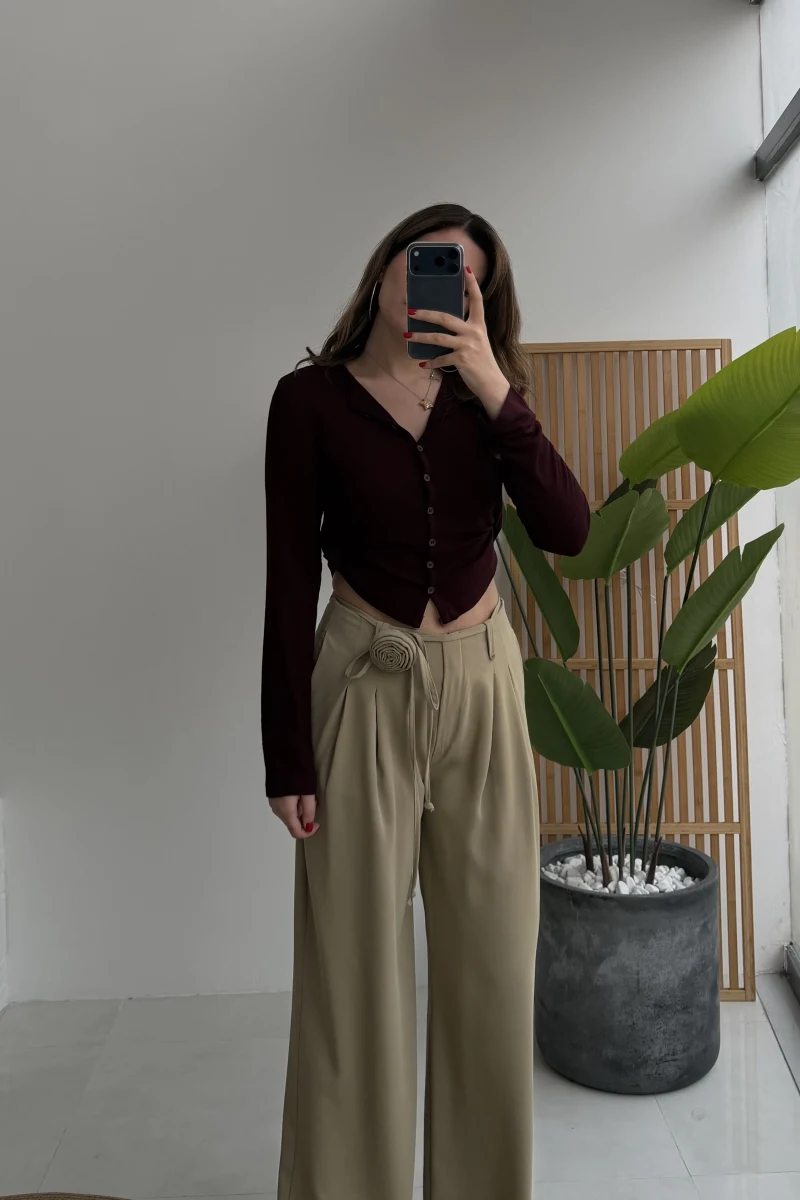 Gül Detay Bağcıklı Pantolon - Çağla Yeşili - Kod: 3902