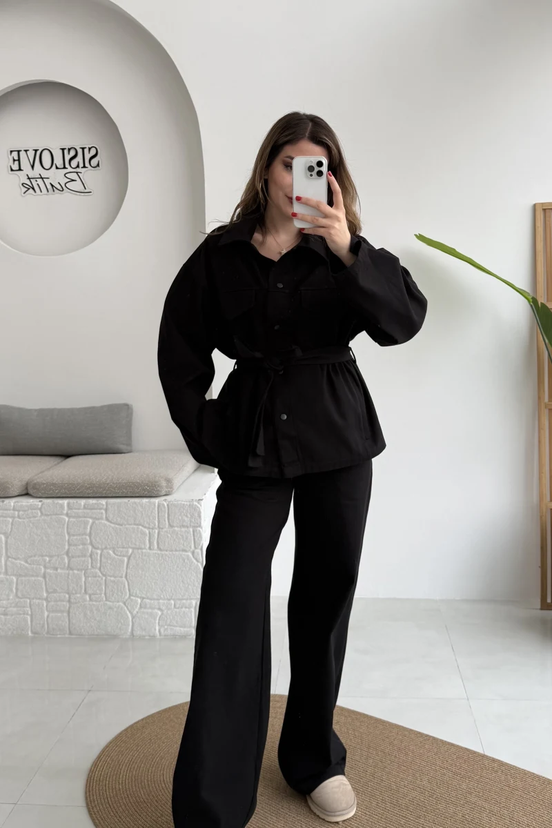 Kuşaklı Gabardin Takım - Siyah - Kod: 8897