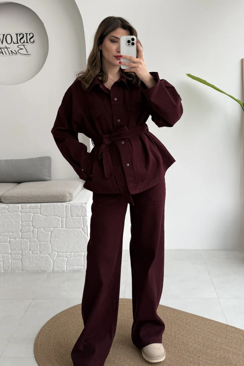 Kuşaklı Gabardin Takım - Mürdüm - Kod: 8897