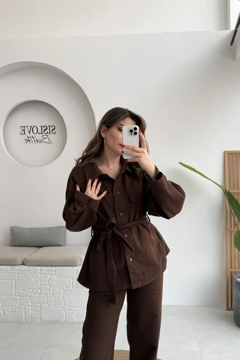 Kuşaklı Gabardin Takım - Acı Kahve - Kod: 8897