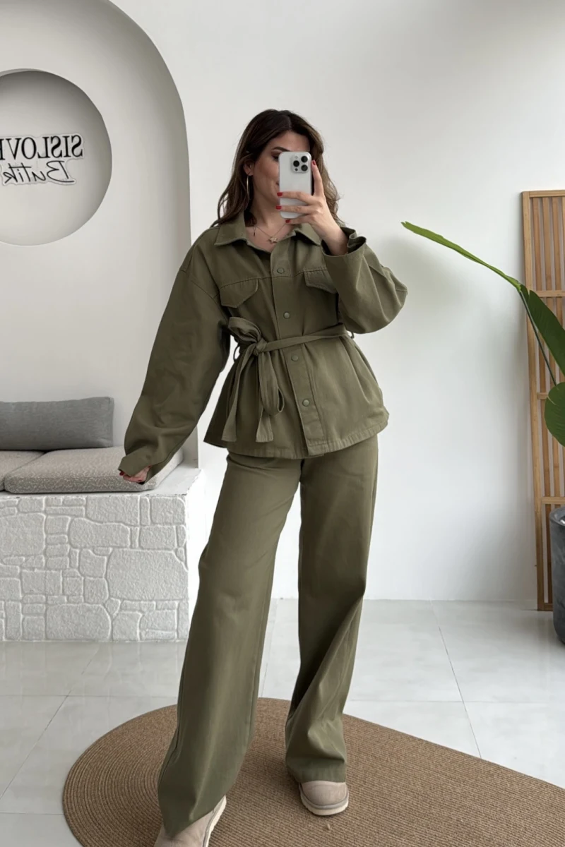 Kuşaklı Gabardin Takım - Haki - Kod: 8897