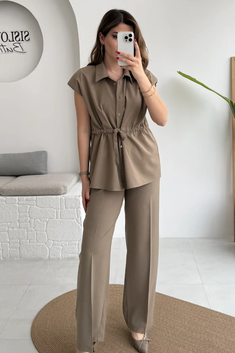 Ruby Vatkalı Sıfır Kol Kemerli Yelek Takım - Haki - Kod: 8870