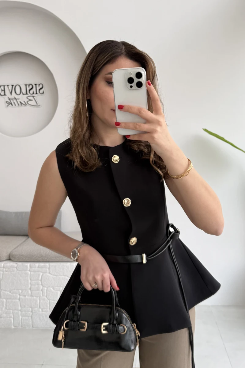 Kemer Detay Gold Düğmeli Yelek - Siyah - Kod: 9682