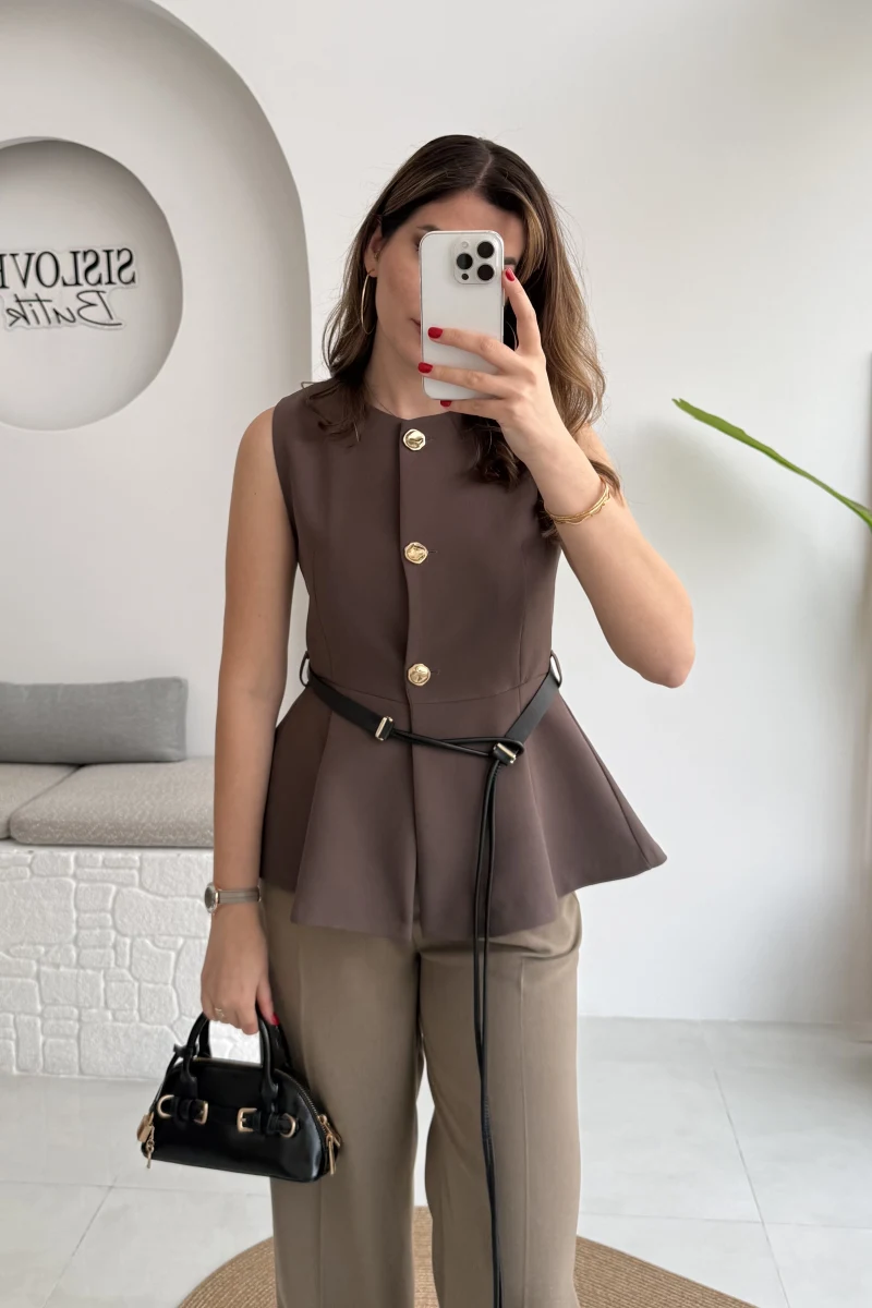 Kemer Detay Gold Düğmeli Yelek - Acı Kahve - Kod: 9682